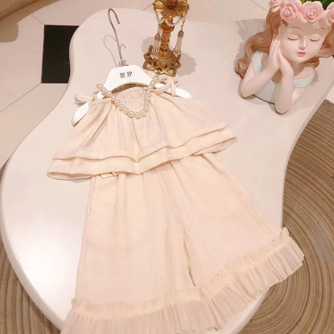 女童夏装套装新款洋气儿童装荷叶边背心吊带衫宽松两件套80182