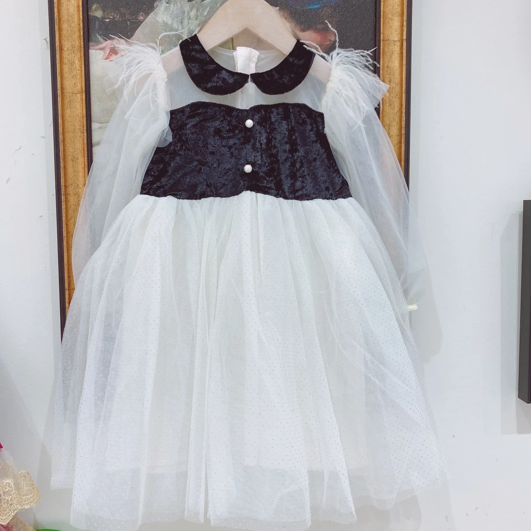 女童法式复古春秋装2024儿童洋气泡泡袖米色宝宝公主裙22071