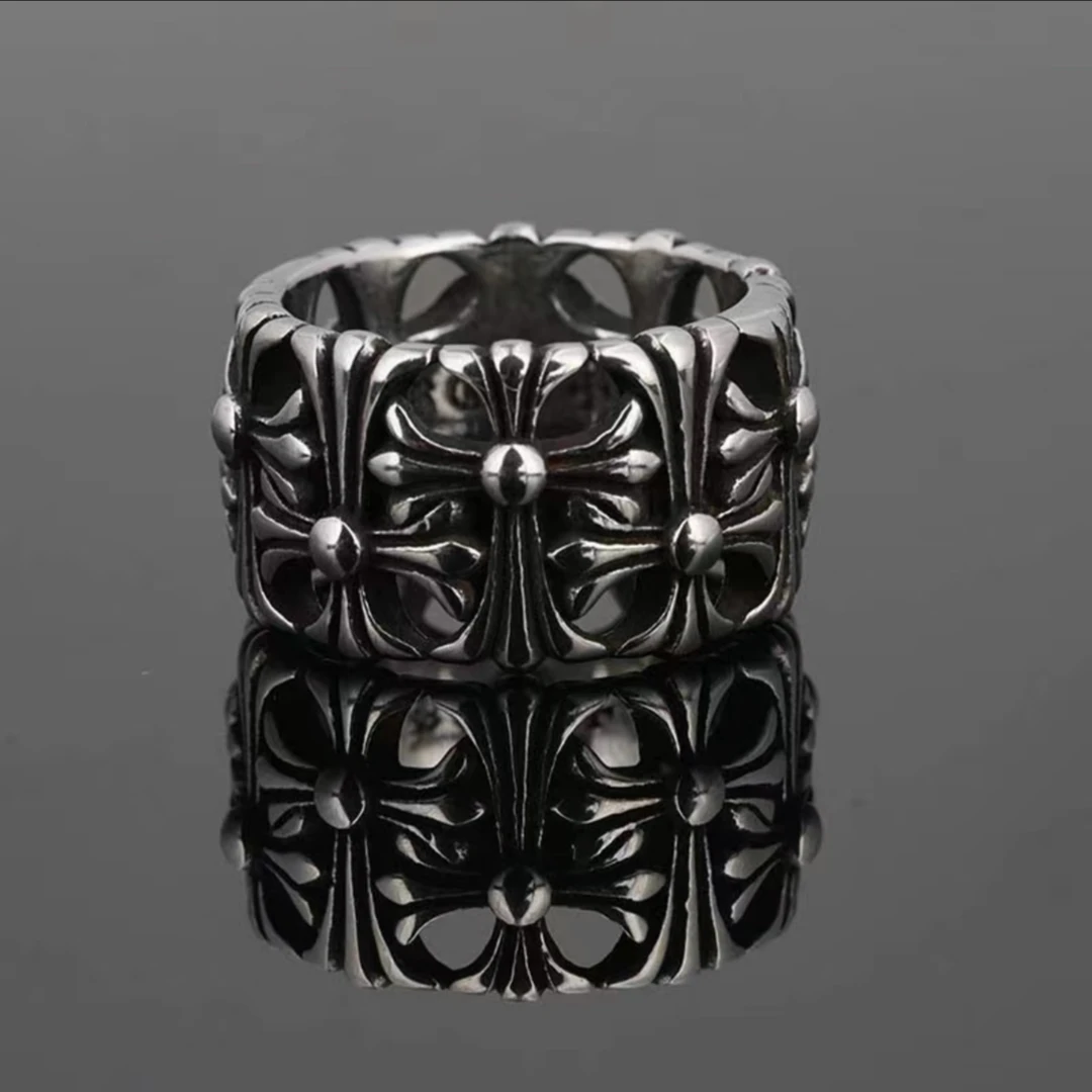 七只鹿 钛钢戒指 【墓葬】欧美个性复古十字架超宽男士钛钢戒指