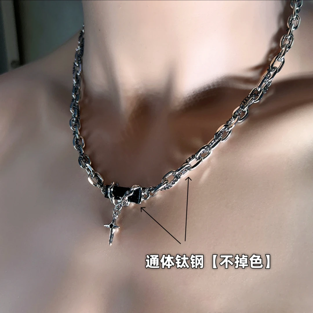 七只鹿 钛钢项链 多层缠绕黑耀石潮流嘻哈通体不掉色锁骨链