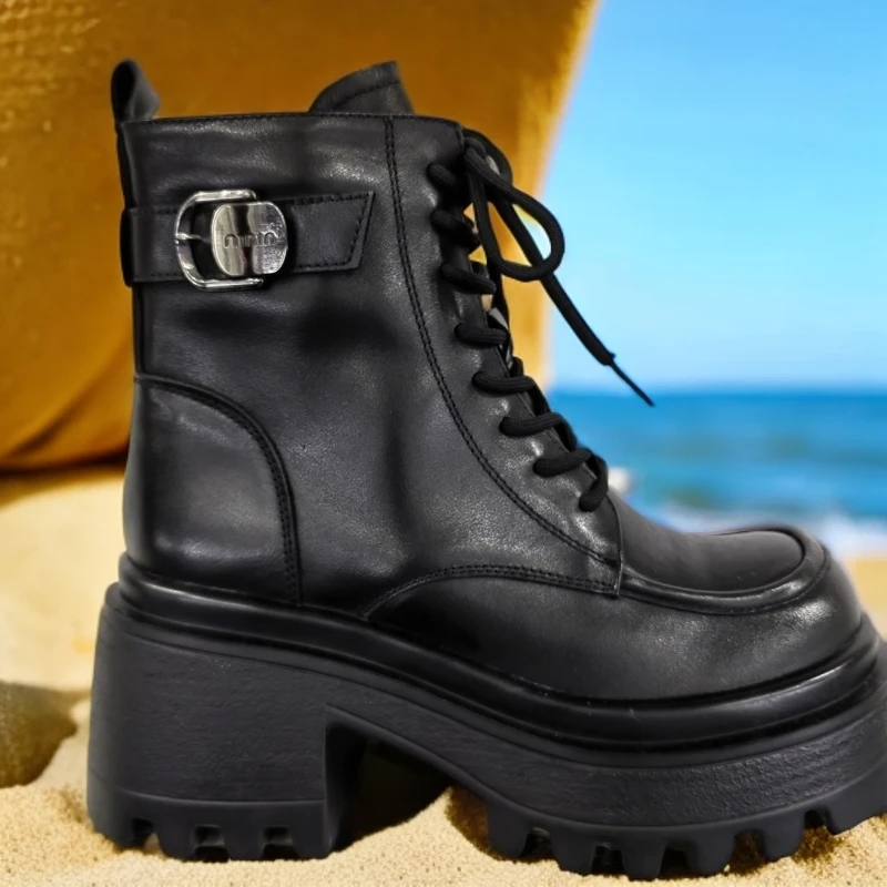 时尚加绒厚底真皮马丁靴增高休闲圆头粗跟冬季100%纯牛皮软底女鞋