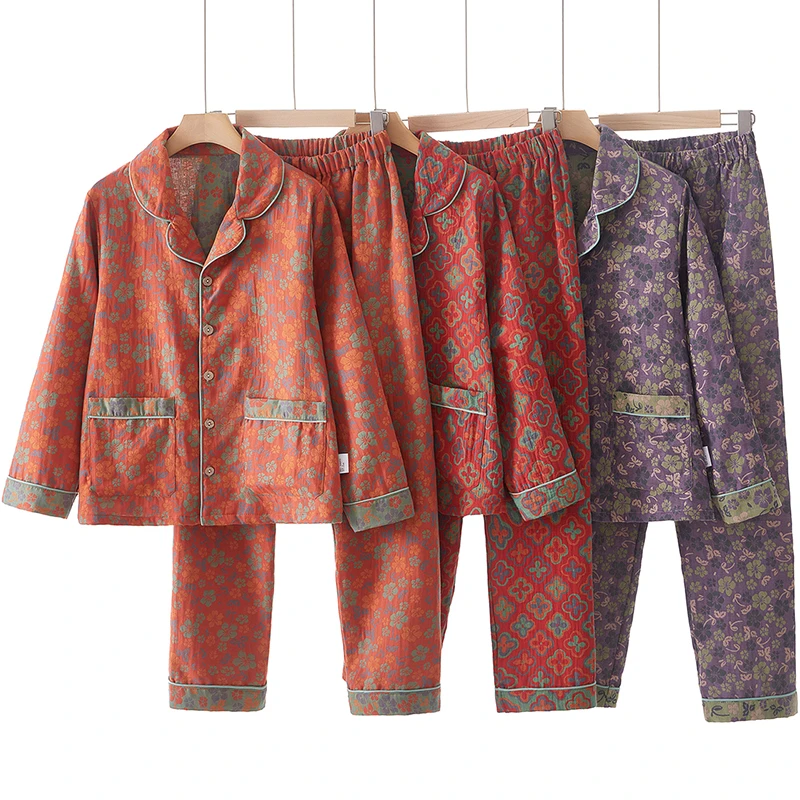 女士休闲居家服四季款纯棉长袖睡衣薄款全棉双层纱布家居服套装