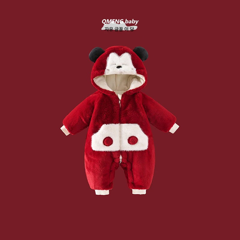 婴儿宝新生儿连帽加绒加厚保暖冬款秋冬季圣诞毛毛连体衣爬服哈衣
