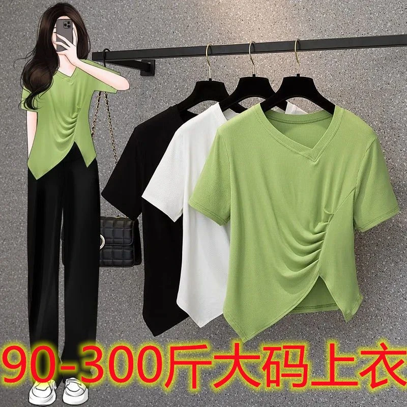 90-300斤大码女装减龄洋气百搭遮肉超显瘦不规则短袖t恤女上衣潮