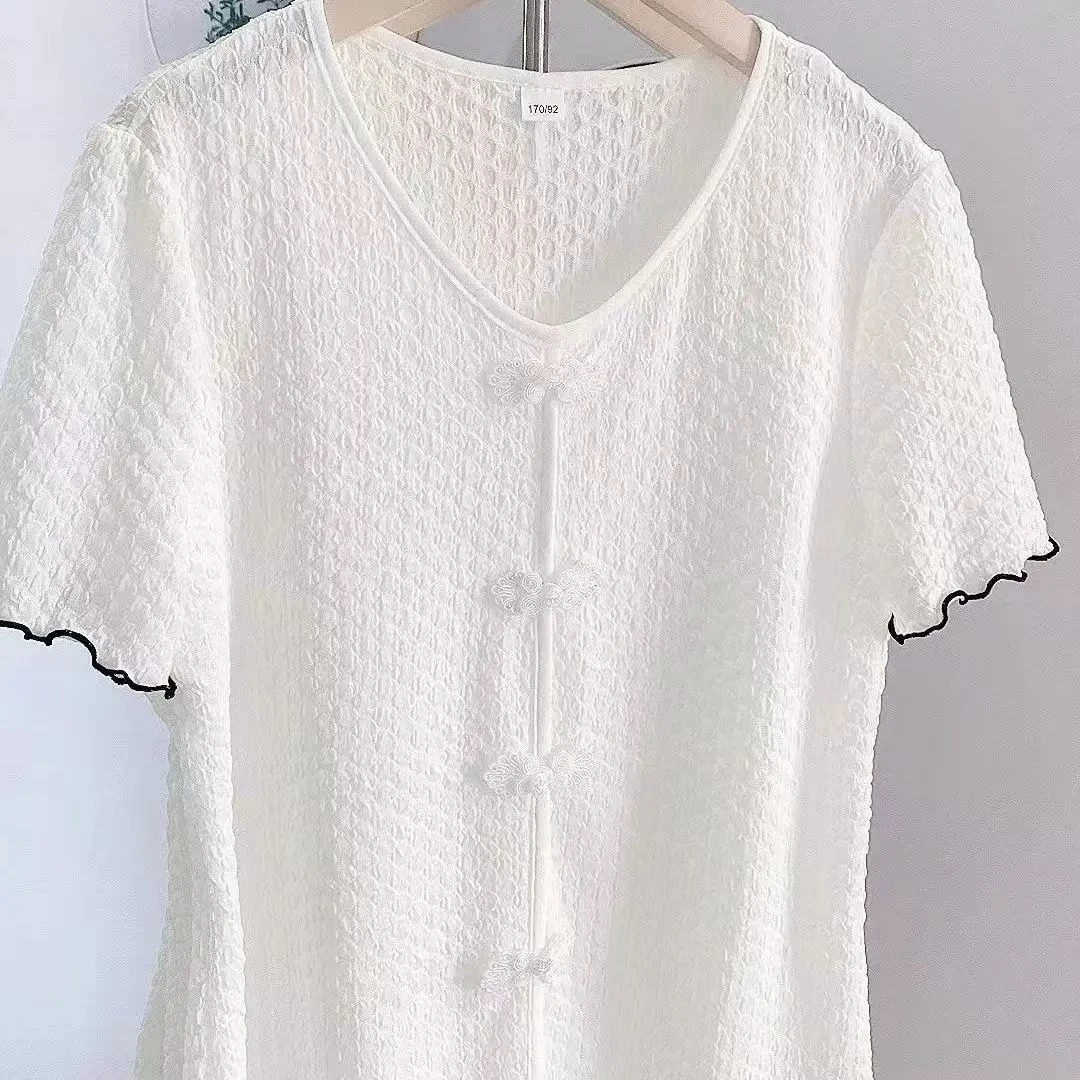 90-300斤大码女复古盘扣短袖宽松百搭纯色减龄遮肚上衣新款小香风