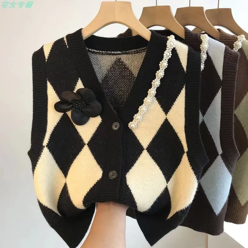 春秋黑白菱格V领针织开衫马甲女叠穿无袖背心毛衣坎肩外搭小个子