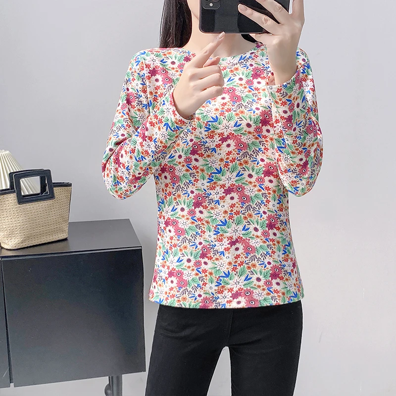 中老年女装洋气减龄碎花t恤圆领百搭上衣秋冬保暖双面德绒打底衫