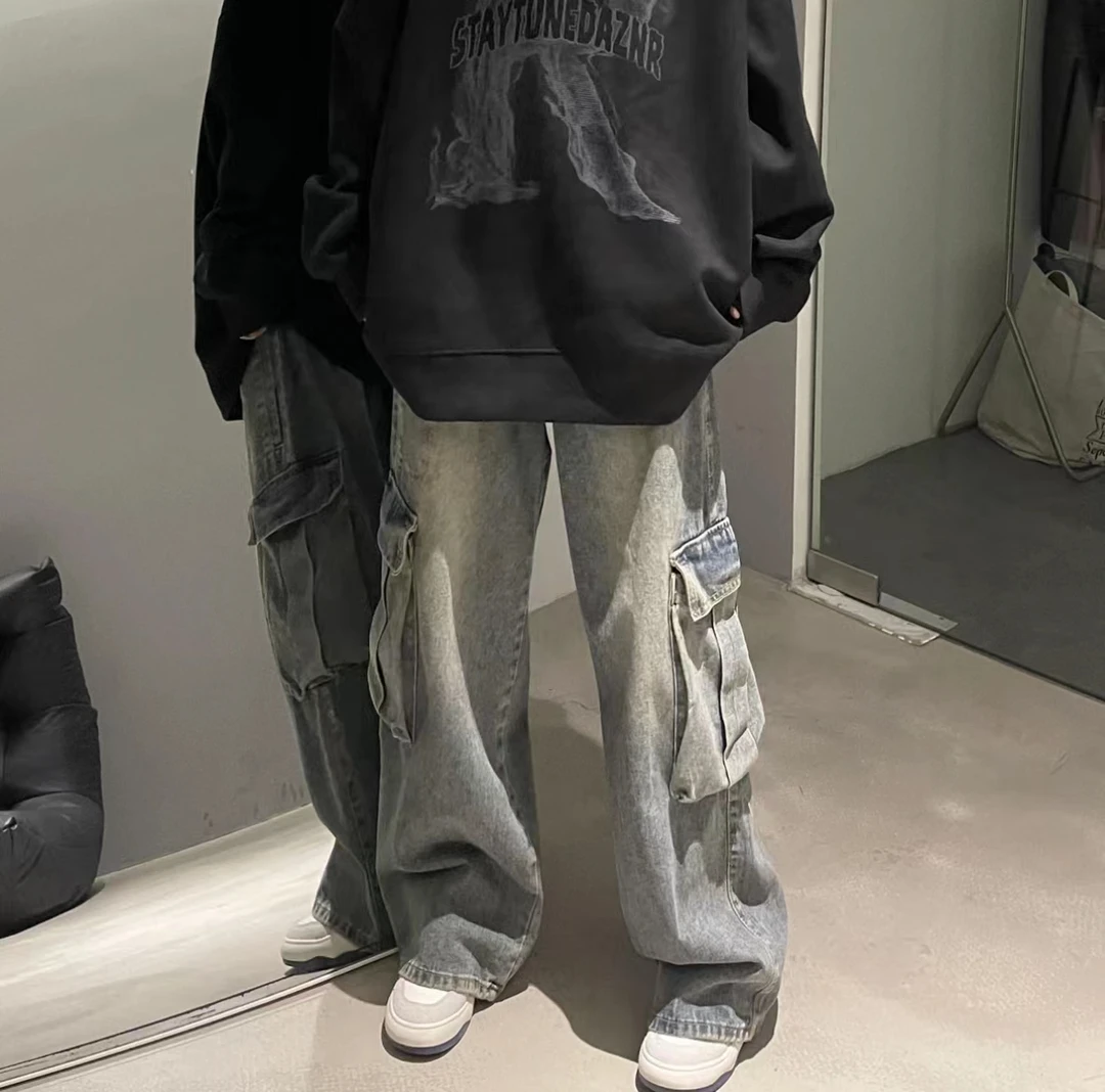 秋季高街水洗做旧美式直筒工装牛仔裤嘻哈复古宽松休闲拖地长裤子