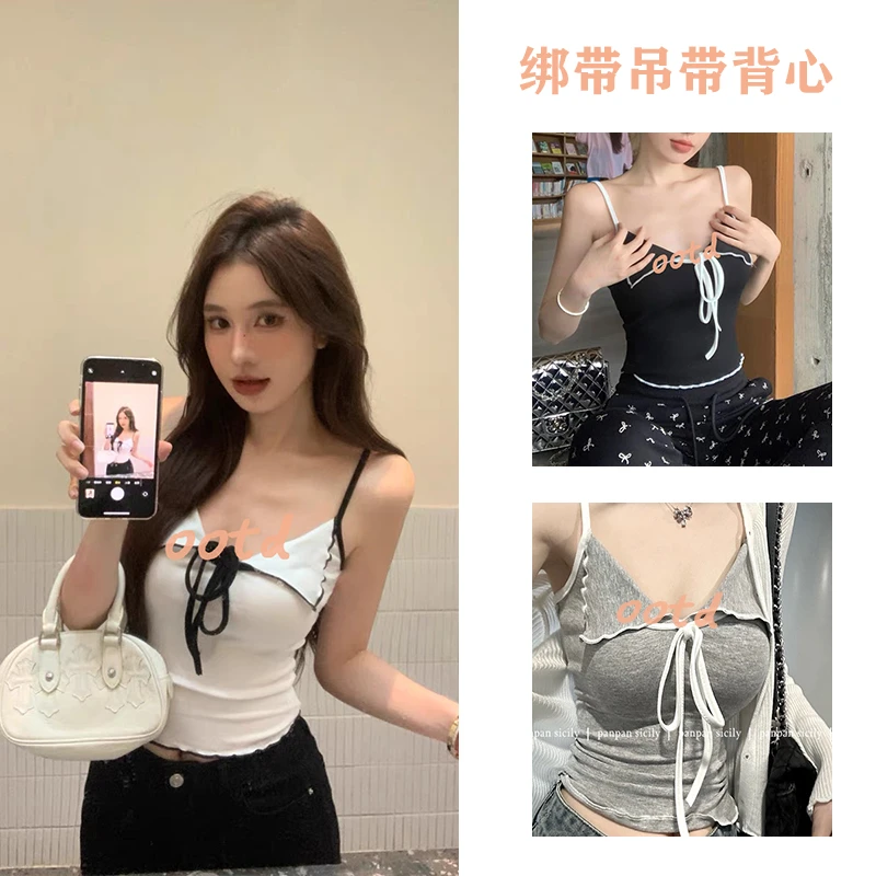 带胸垫绑带纯欲辣妹小吊带背心女短款外穿内搭无袖独特别致上衣