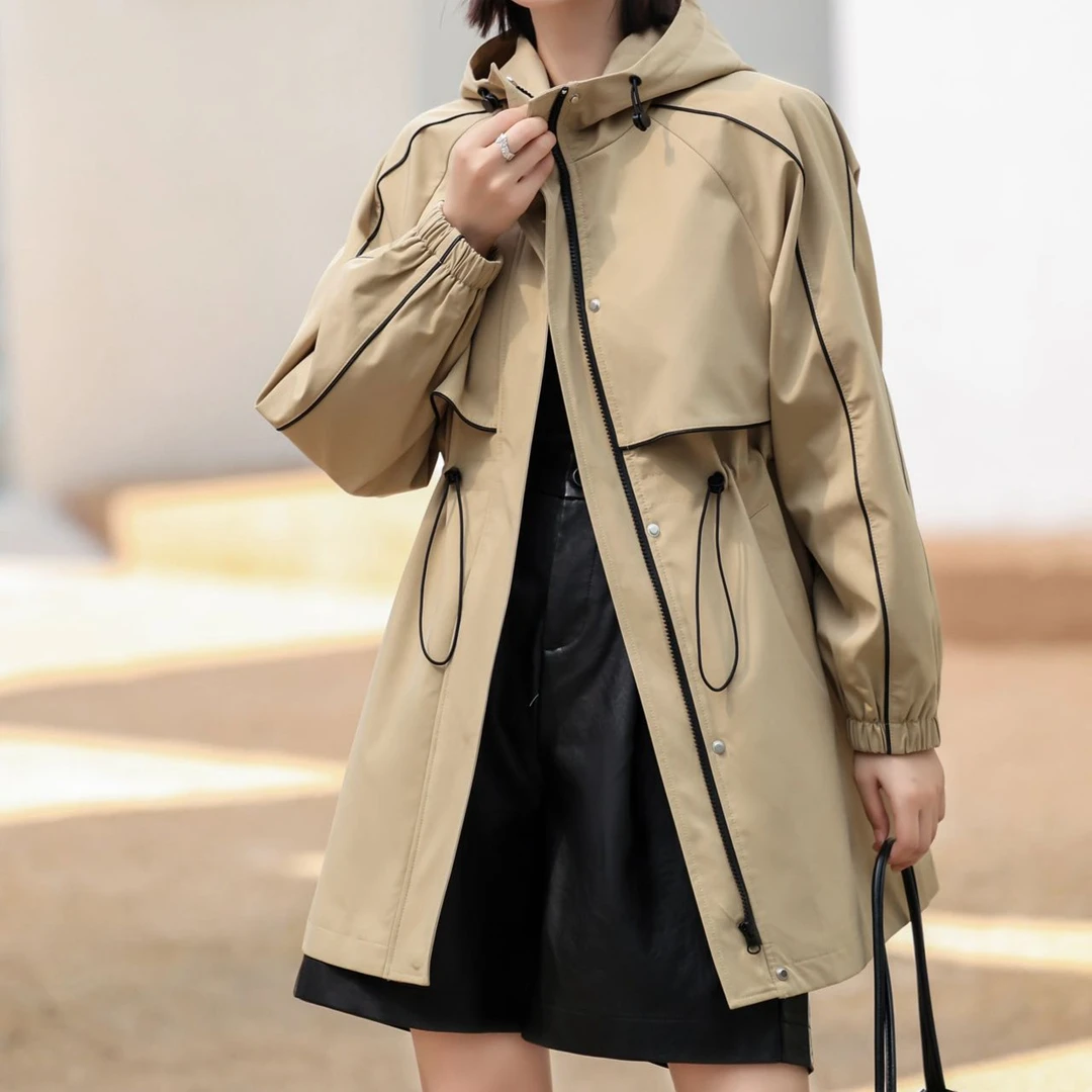 2023年春秋新款连帽休闲宽松收腰风衣女