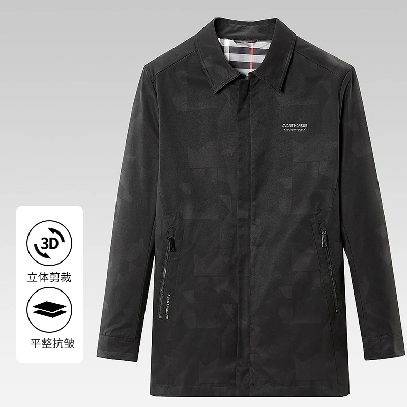 新款春季户外时尚简约纯色暗纹翻领中长款风衣外套D1C00100