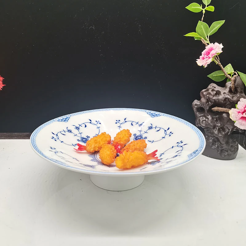 9.5英寸釉中彩蕾丝蓝纹高脚盘青花瓷盘子花纹陶瓷缠枝蓝色大碗