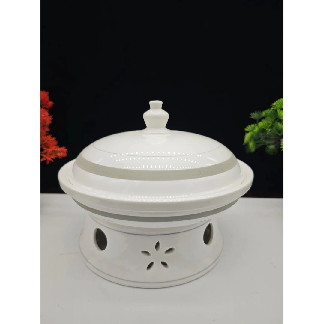 9英寸格调紫荆金边保温明炉套装家用商用创意白色陶瓷欧式圆形