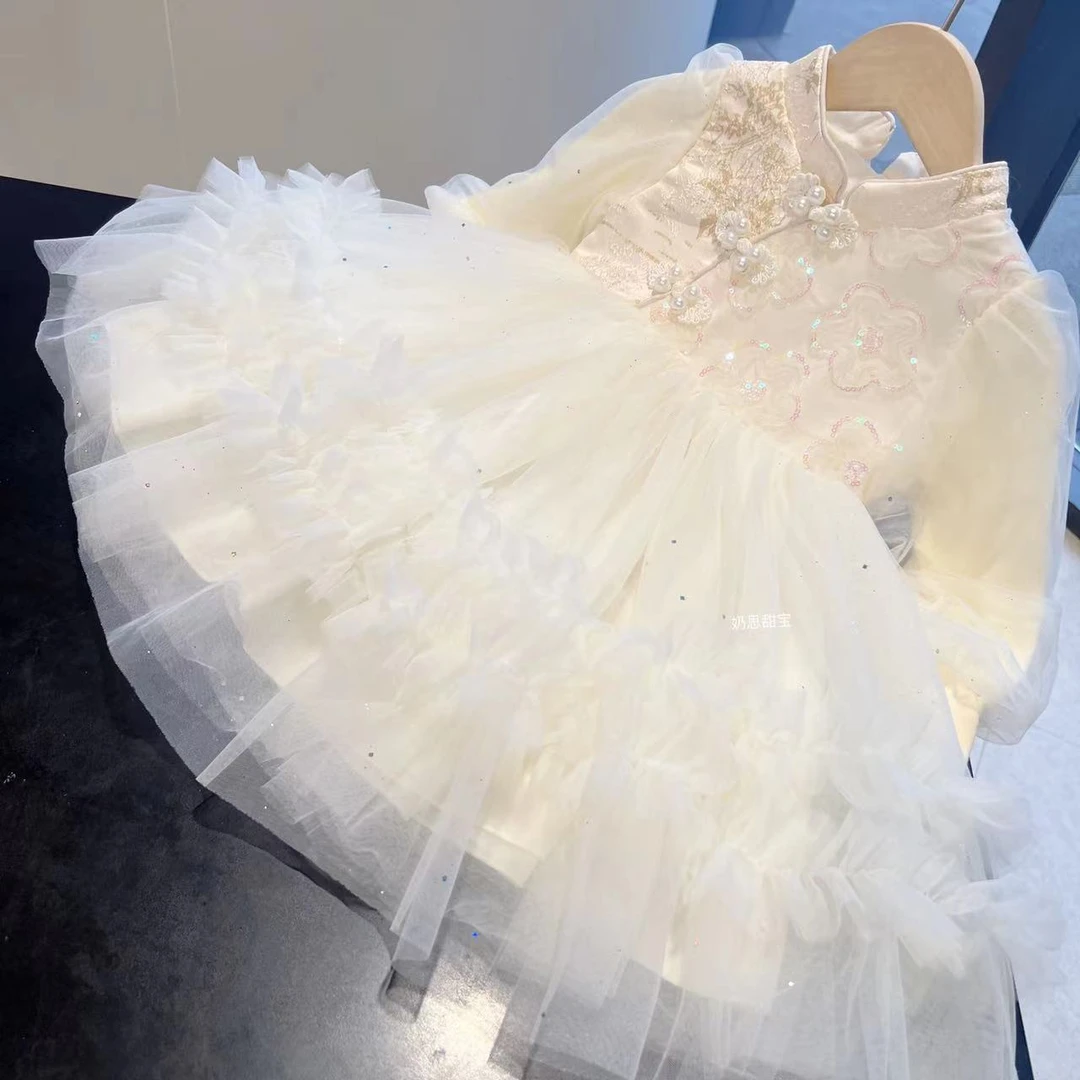 2025香槟色新中式秋冬加绒公主裙女童公主裙网红穿搭