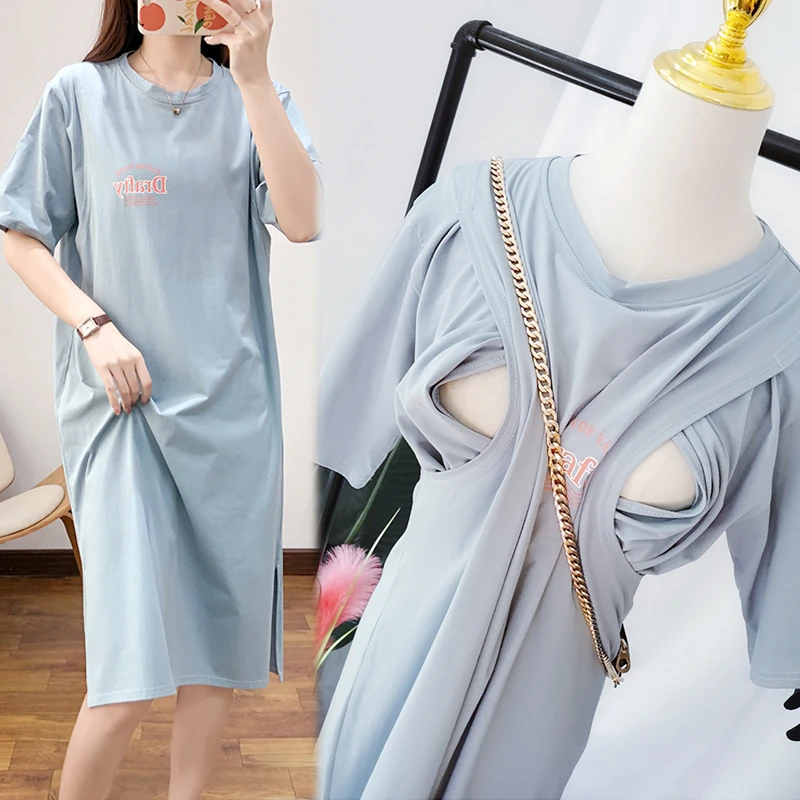 孕妇装哺乳裙子夏季外出大码网红潮妈短袖女t恤打底衫喂奶月子服