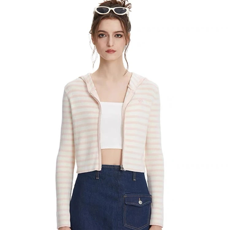 CNNAKUPENDA 粉色条纹针织开衫女春秋新款设计感小众修身显瘦短款