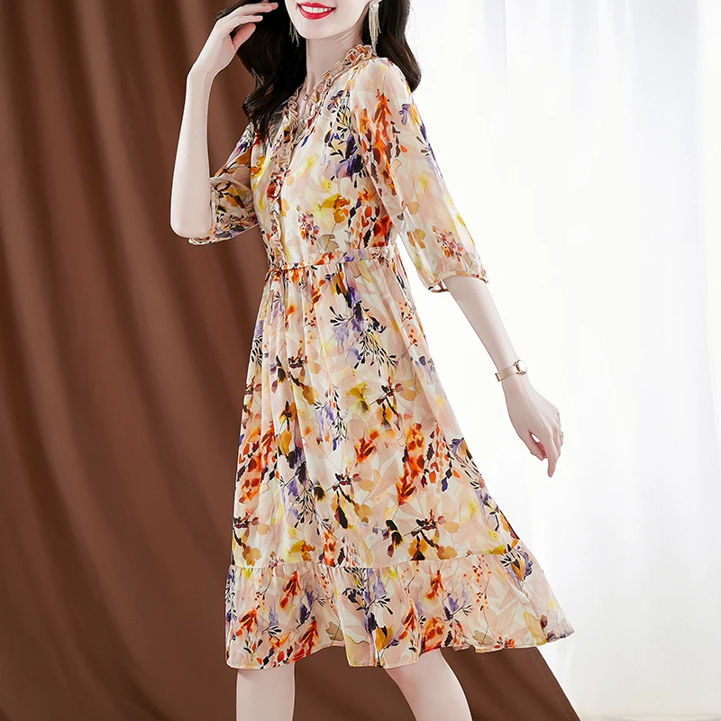 【杭州丝-】新款桑蚕丝气质印花连衣裙女花边领中长裙YYQ22-249