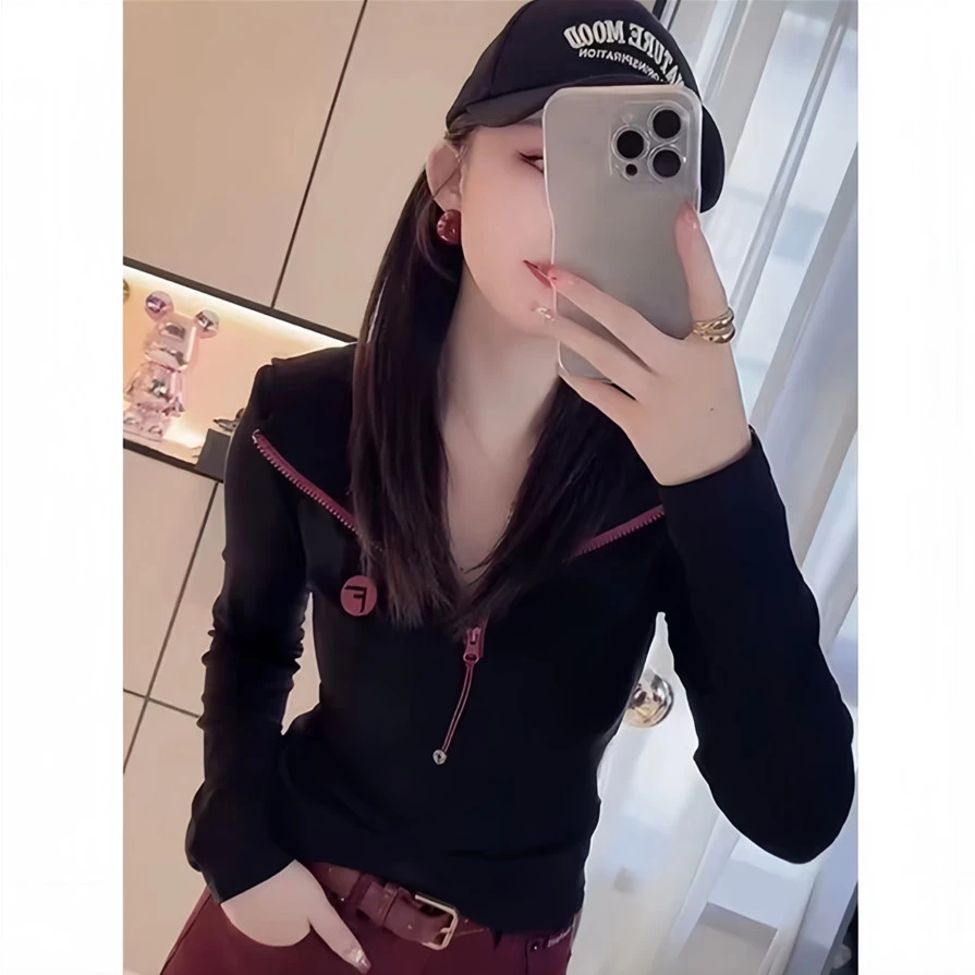 加绒时尚拉链连帽衫长袖修身t恤女秋2025年显瘦不臃肿黑色上衣潮