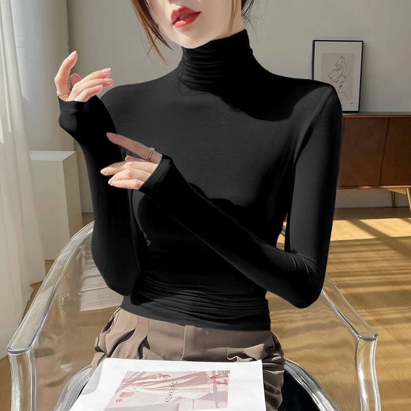 莫代尔黑色高领打底衫女秋冬内搭2025新款加绒紧身显瘦正肩上衣女