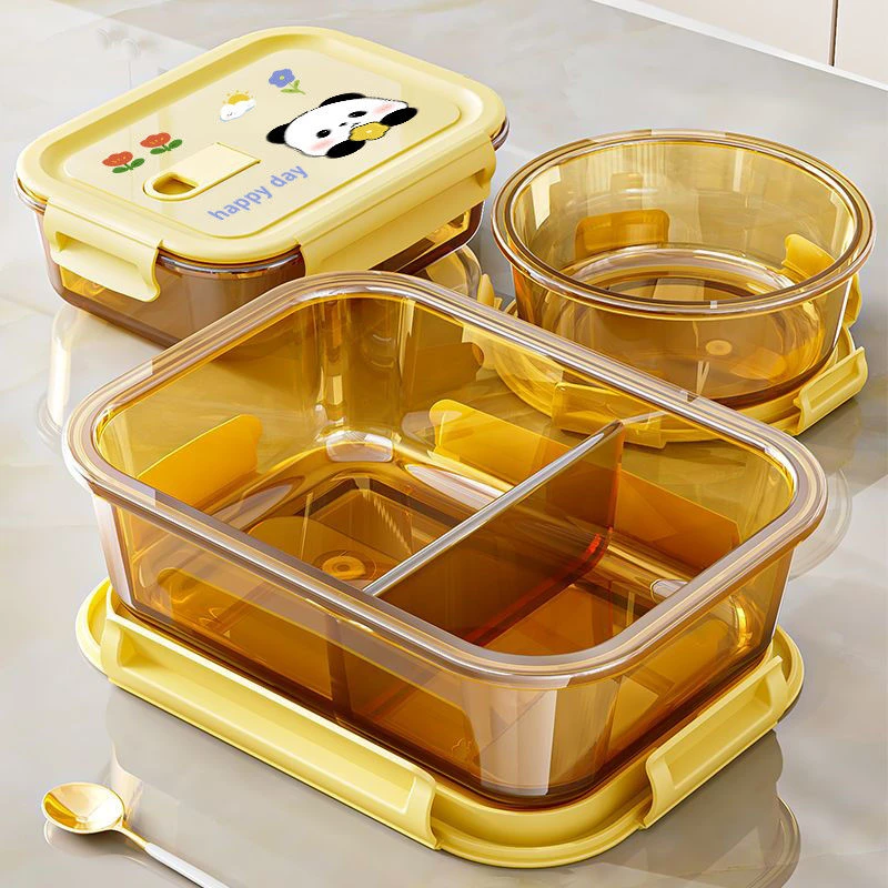 俏洁饭盒微波炉可加热上班族透明带盖分隔玻璃饭盒大容量