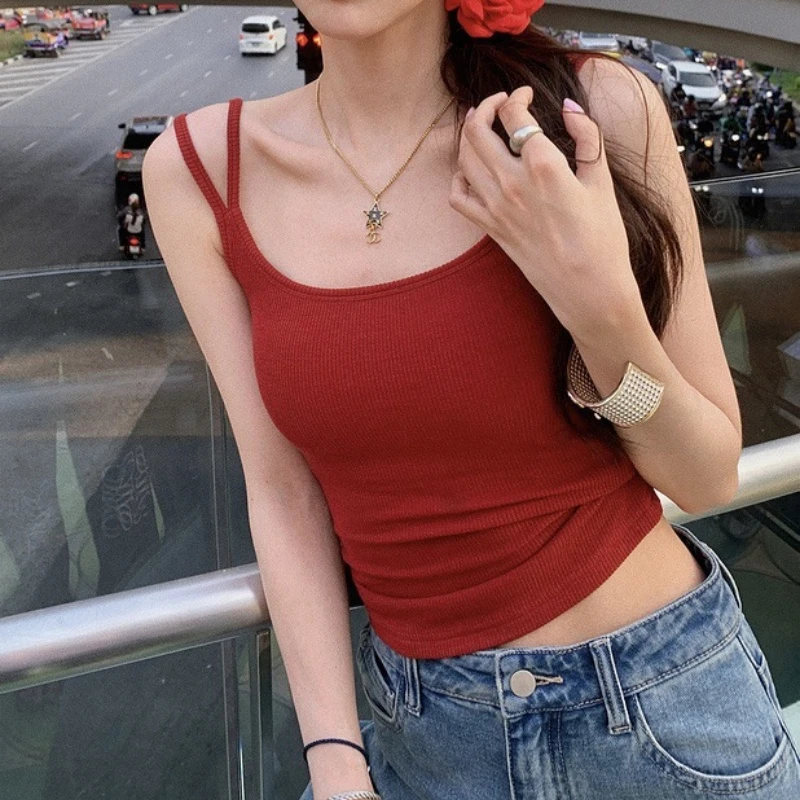 夏季韩版双肩带吊带背心女修身显瘦百搭带胸垫美背上衣