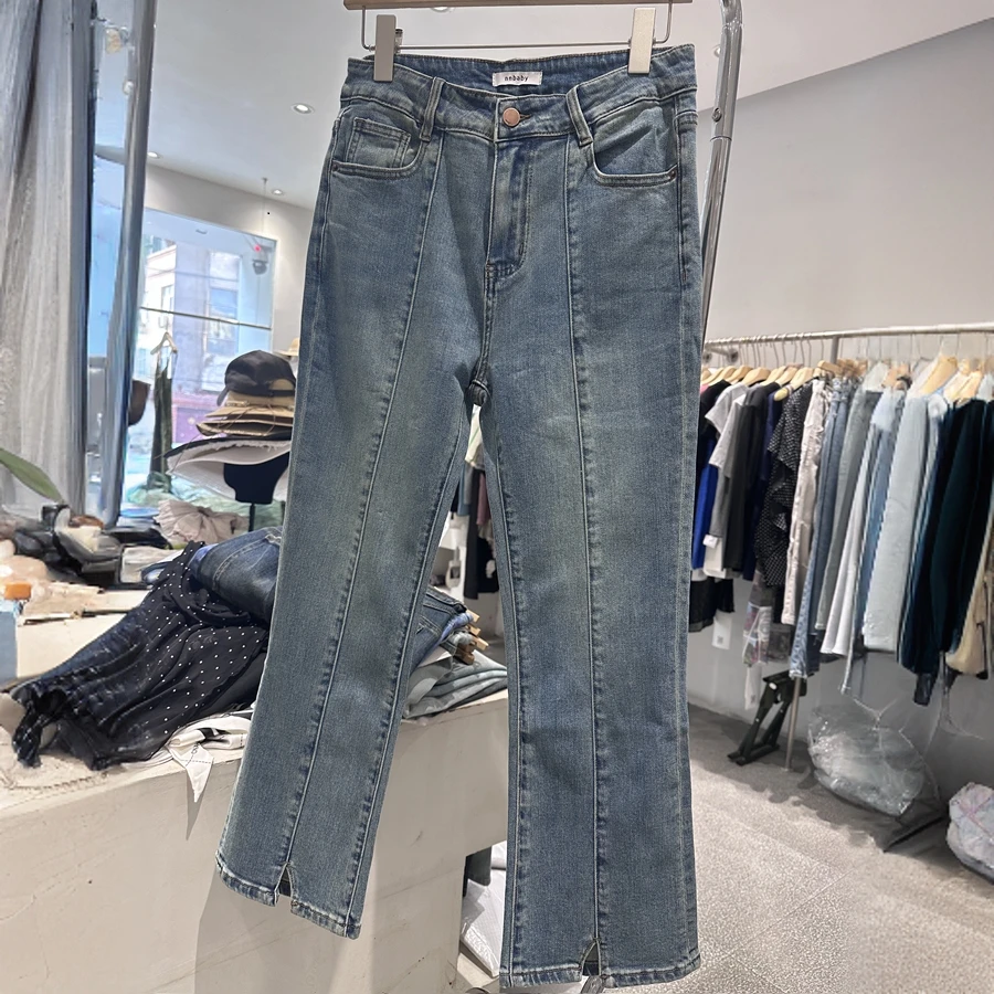 【Z.D/WORKROOM】 早秋高品质酵素洗水开叉九分微喇牛仔裤