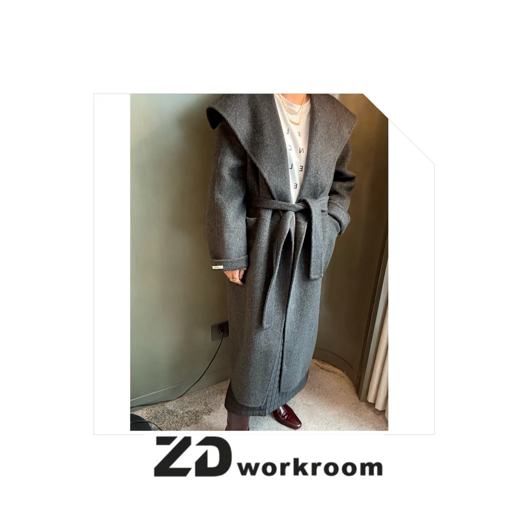 【Z.D/WORKROOM】 专柜品质大翻领系绳绵羊毛长款毛呢外套