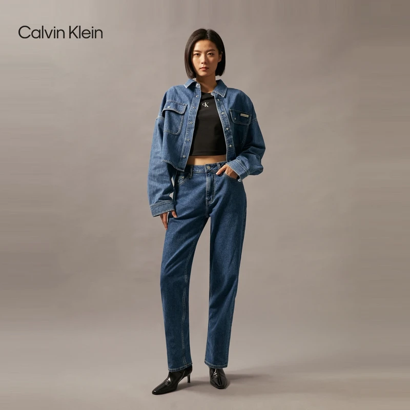 CK Jeans 女士潮流复古时尚休闲纯棉短款圆边牛仔衬衫上衣J225378