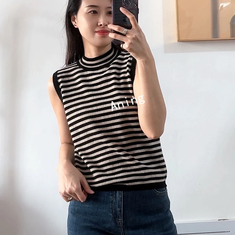 康A 半高领羊绒背心【Aning原创】经典精致减龄条纹无袖打底
