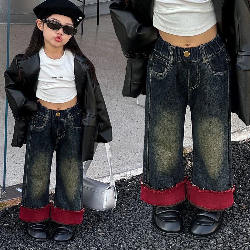 女童加绒牛仔裤秋冬季洋气时髦加厚保暖直筒裤潮2024新款安哥拉红