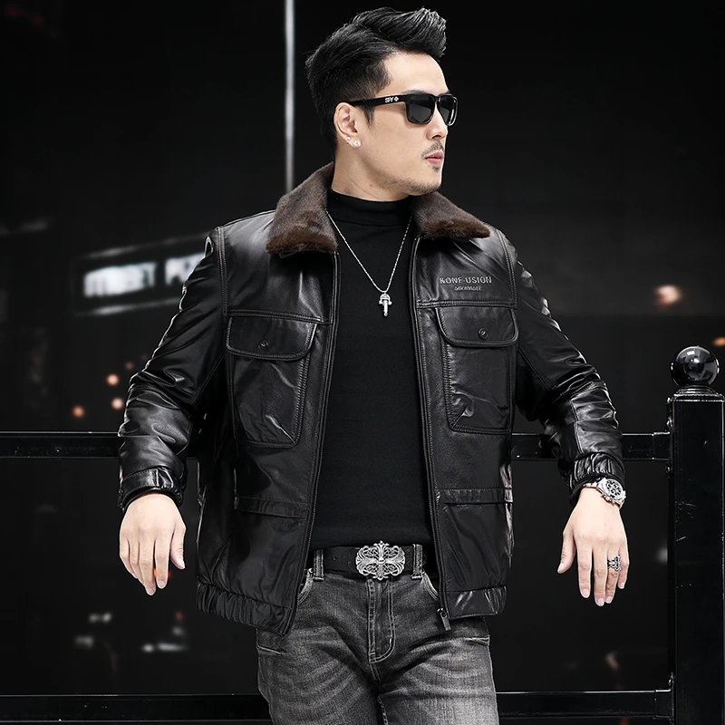 9801男士短款时尚休闲潮流真皮青年加绒商务高档真皮皮衣