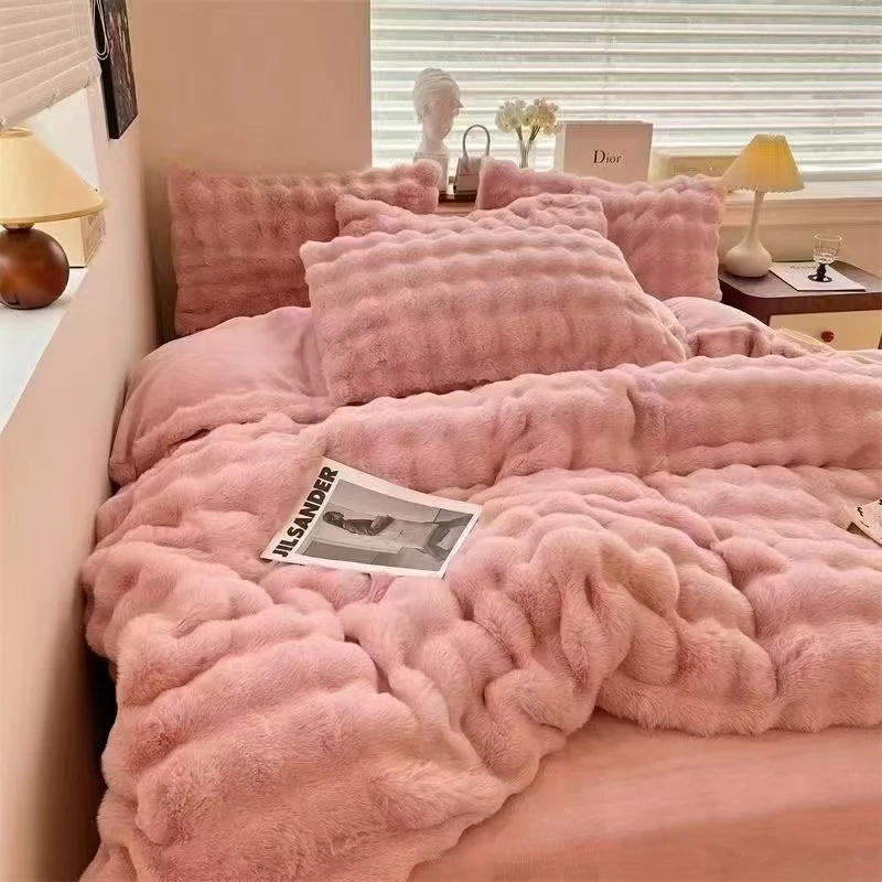 泡泡绒四件套轻奢加厚纯色加绒双面