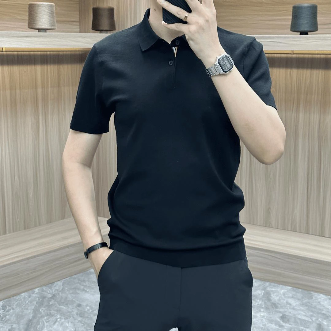 翻领POLO衫秋季新款男士轻奢针织透气休闲百搭商务修身纯色短袖潮