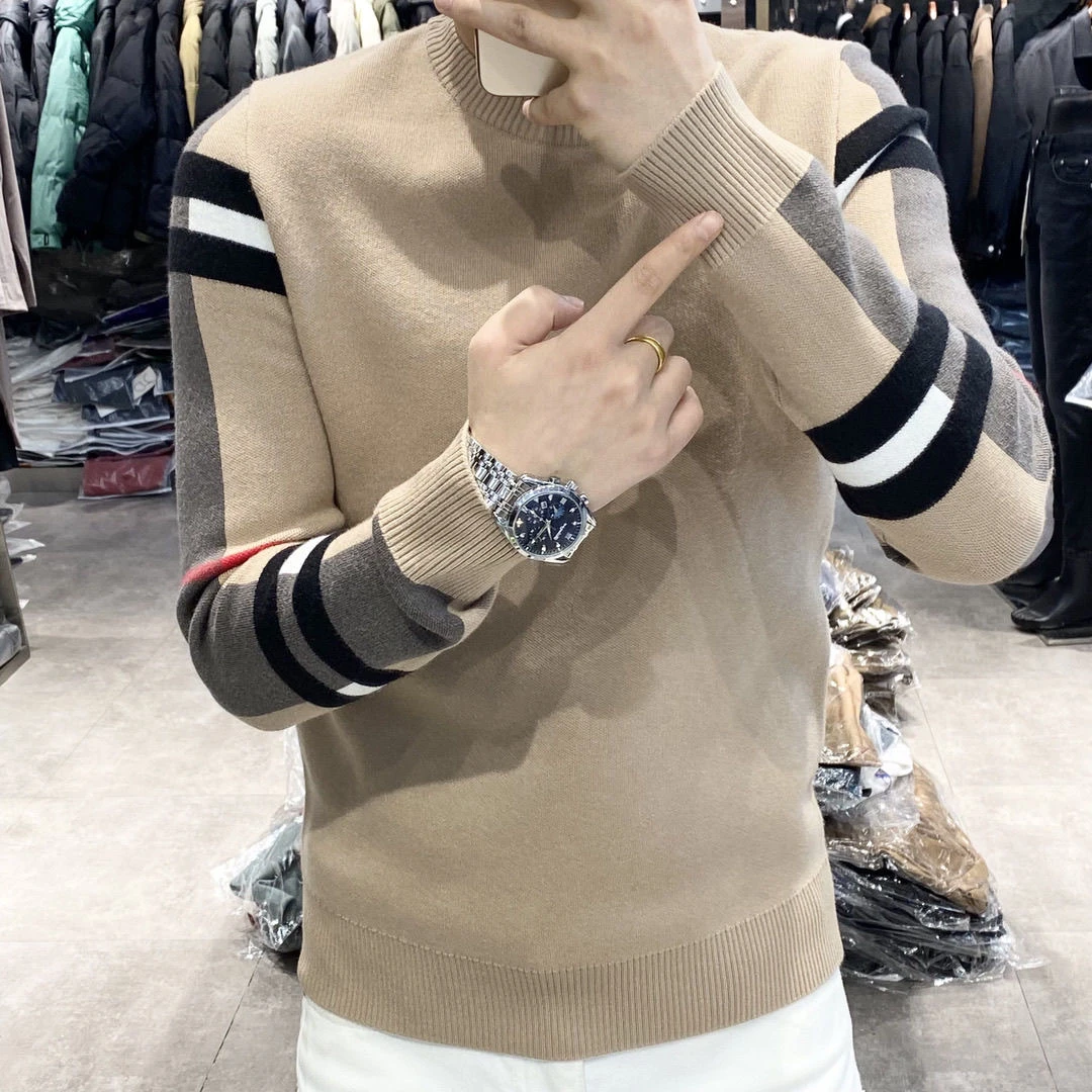 2024秋冬季新款圆领拼色套头针织衫男百搭条纹毛衣修身打底长袖潮