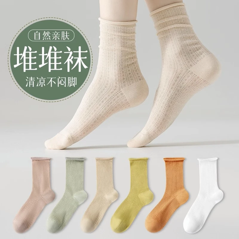 文伊娜袜子女夏季中筒袜薄款白色月子袜网眼透气堆堆袜ins潮长袜