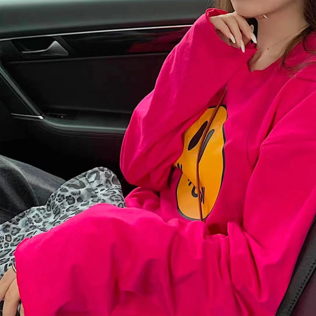 美式校园笑脸印花长袖情侣百搭圆领上衣宽松慵懒多巴胺色潮打底