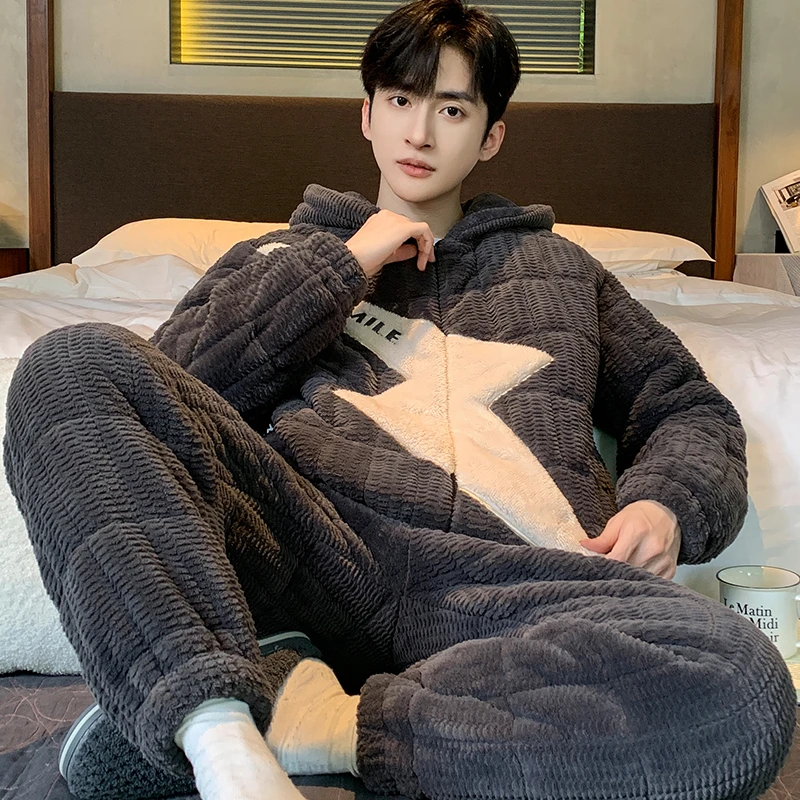 新款睡衣男冬季加厚三层夹棉保暖珊瑚绒秋冬款男士大码拉链家居服