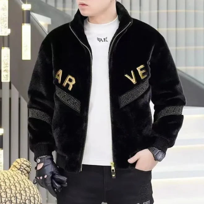 高品质冬季新款男士潮流轻奢刺绣潮牌欧货修身加厚貂绒立领外套