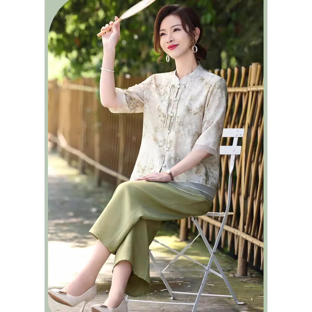 中老年妈妈夏季中国风妈妈装洋气减龄上衣复古中式七分袖小衫裤子