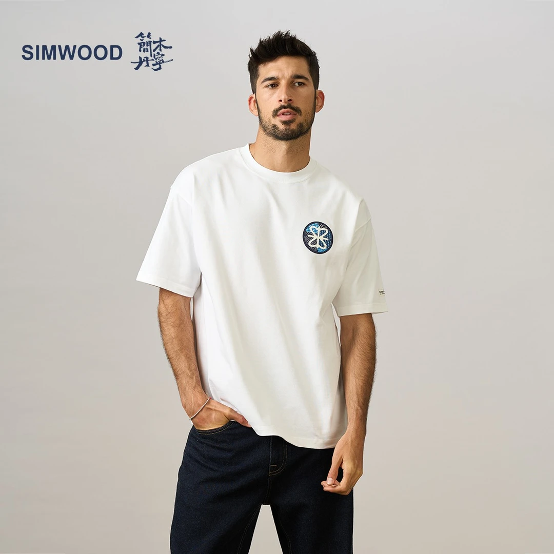 SIMWOOD/简木【超宽松】320g十二周年长绒棉重磅短袖T恤SM130271