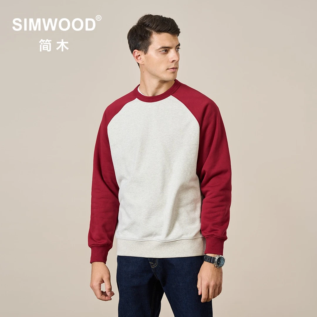 SIMWOOD/简木【宽松版型】450g碳磨紧密绒圆领卫衣插肩SL130727
