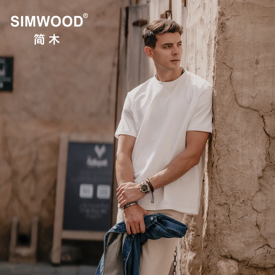 SIMWOOD/简木宽松版 310g重磅基础纯色打底圆领短袖t恤SN120088