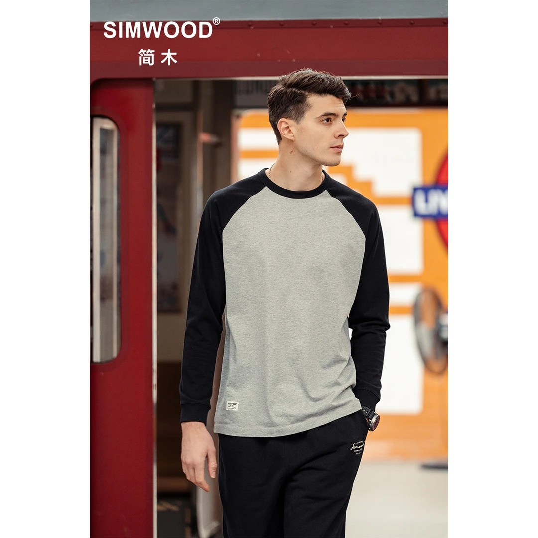 SIMWOOD/简木【宽松版型】280g重磅插肩袖拼色长袖T恤SM120022
