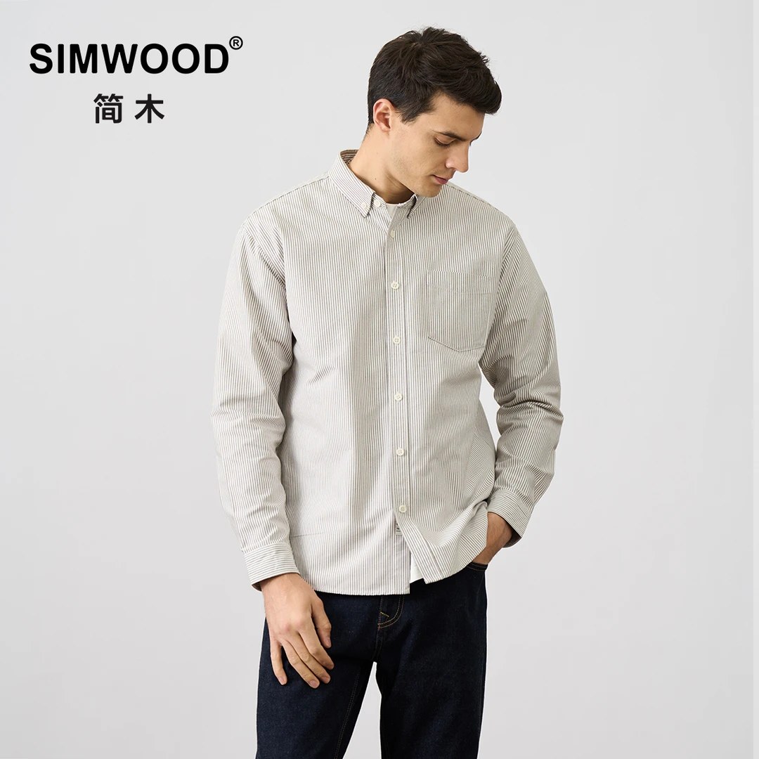 SIMWOOD/简木【宽松版】210g牛津纺复古条纹休闲长袖衬衫男SM130455