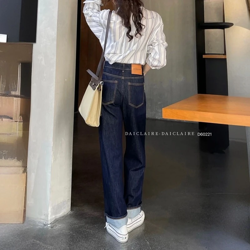 代嘉儿daiclaire牛仔裤女秋冬季高腰加绒宽松普洗弹力阔腿裤60221