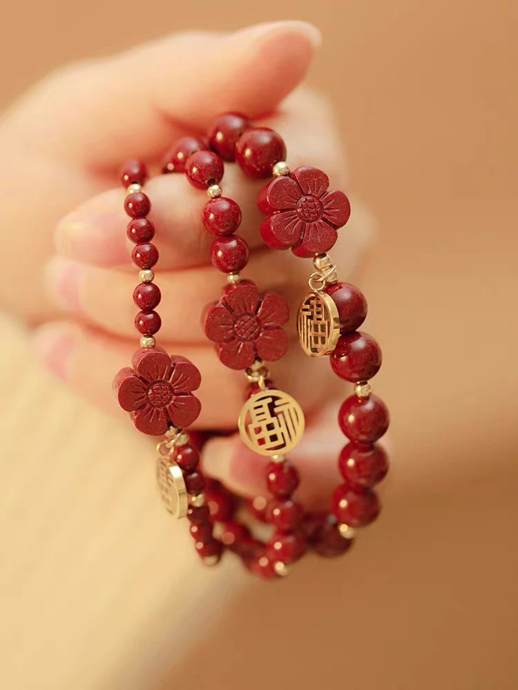 含辰砂工艺品高含量朱砂紫金砂-桃花手链小红花手串经典百搭