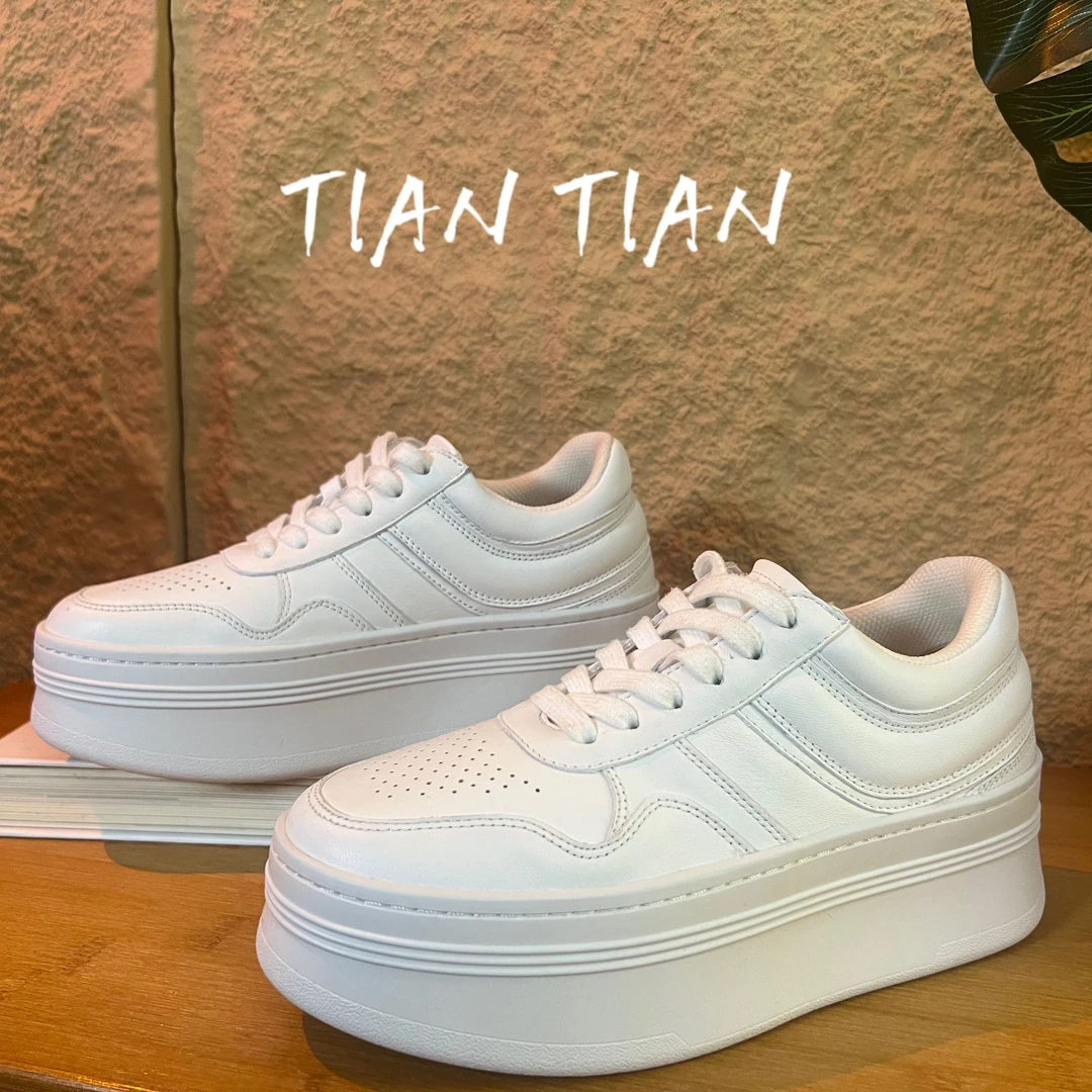 田田百搭小白鞋牛皮厚底增高圆头休闲系带女鞋