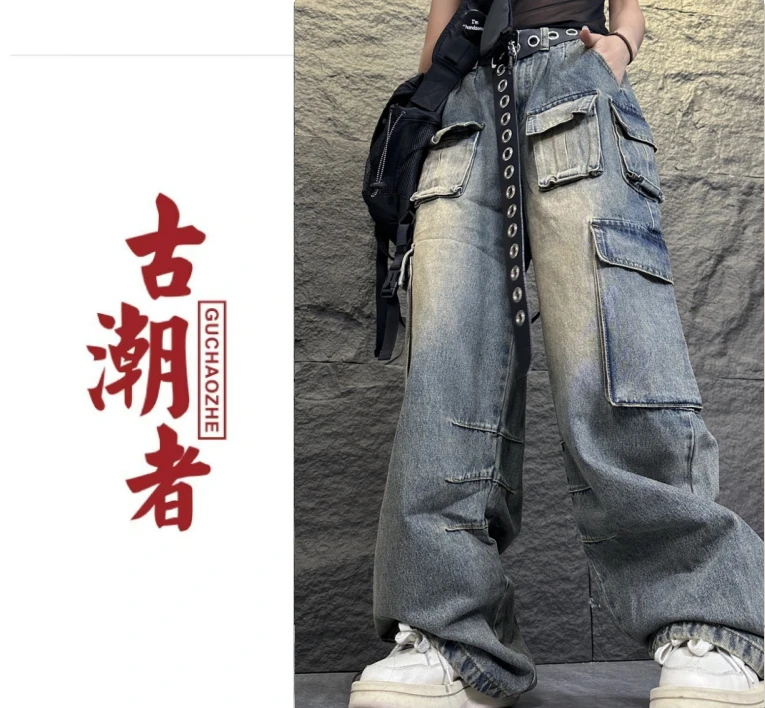 牛仔裤美式复古做旧水洗多口袋设计宽松直筒高街春夏大码流行长裤