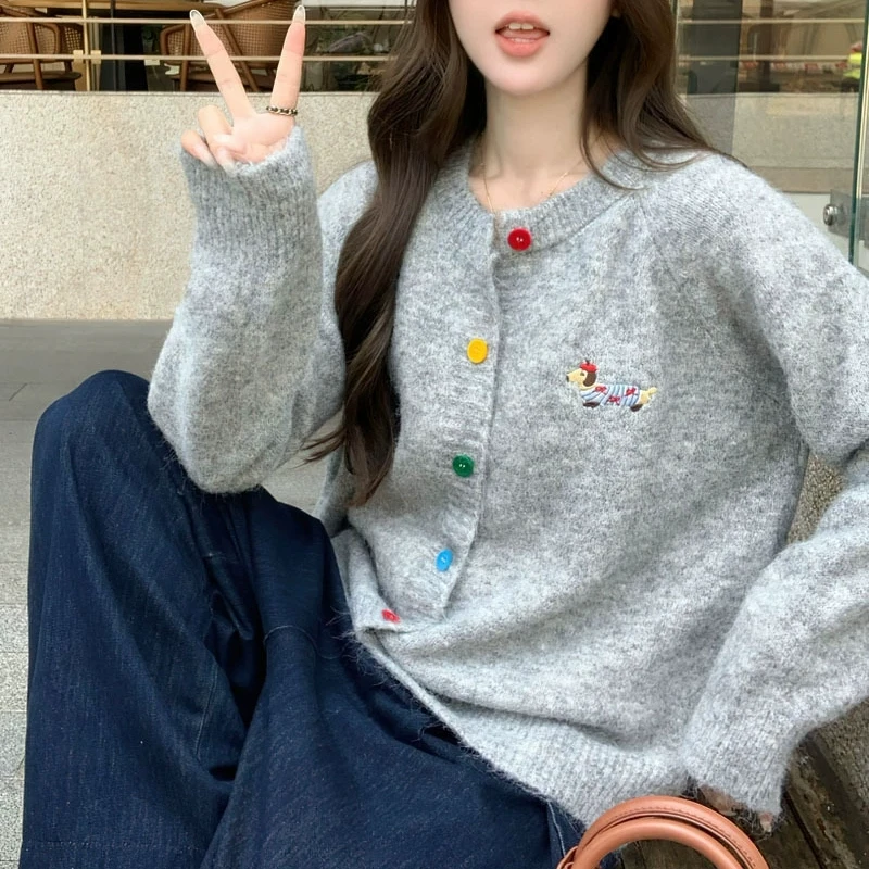 多巴胺纽扣可爱小狗毛衣开衫 早秋新款针织刺绣女士毛衣YSY 8979#