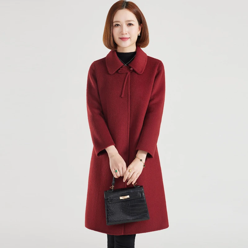 双面羊毛大衣中长秋冬喜婆婆喜妈妈款中老年毛呢外套洋气
